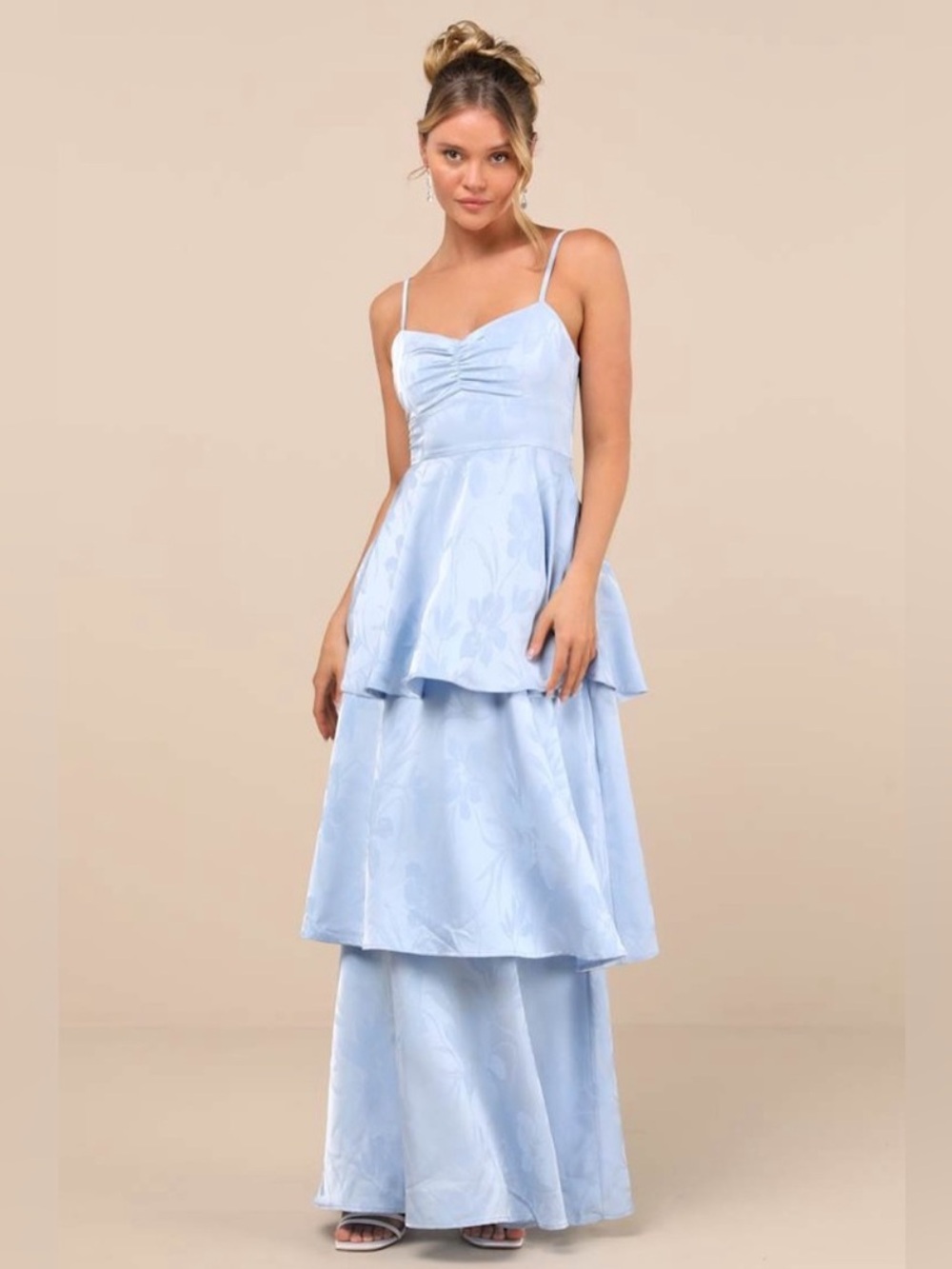 Lulus Prigette Light Blue Jacquard Tiered Maxi Dress NWT size Medium Satin